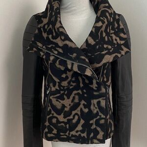 Diane Von Furstenberg Black and Tan Wool & Lamb Leather Animal Print Moto Jacket